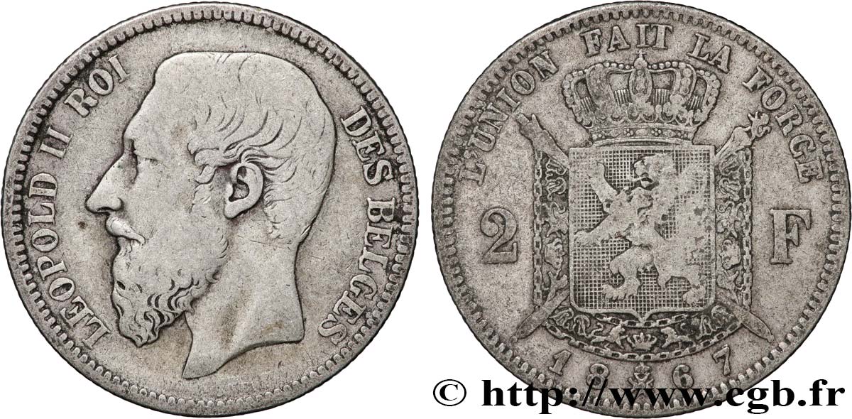 BELGIQUE 2 Francs Léopold II légende française 1867  TB 