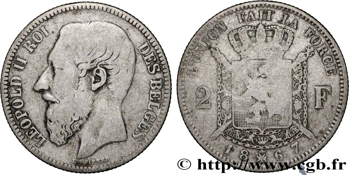 BELGIEN 2 Francs Léopold II légende française 1867  S 