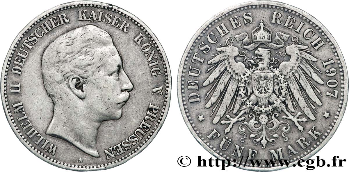 ALEMANIA - PRUSIA 5 Mark Guillaume II 1907 Berlin MBC 