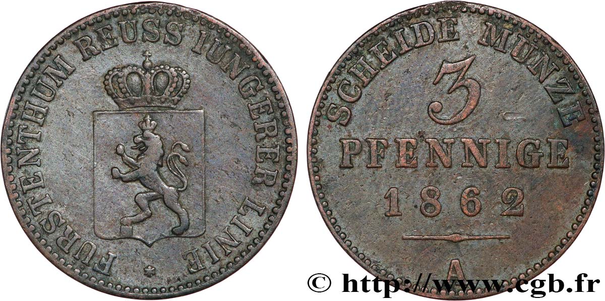 GERMANY - REUSS 3 Pfennige Principauté de Reuss, blason 1862  XF 