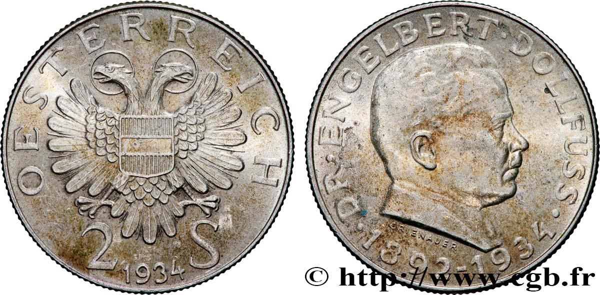 AUTRICHE 2 Schilling mort du Dr Engelbert Dollfuss, Chancelier de 1932 à 1934 1934  TTB+ 