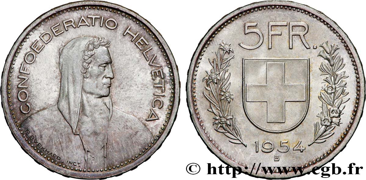 SVIZZERA  5 Francs Berger des alpes 1954 Berne SPL 