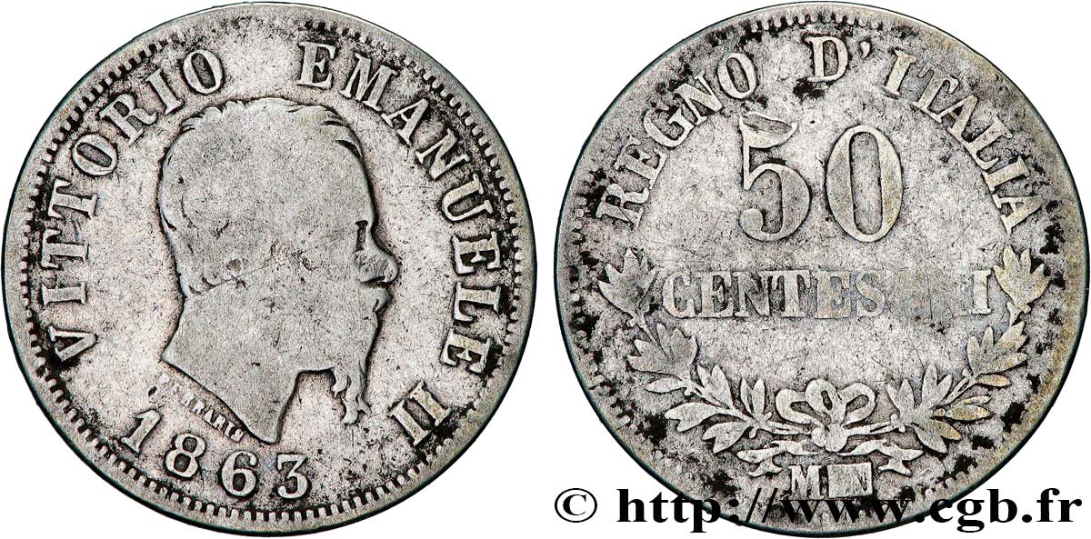 ITALIE 50 Centesimi Victor Emmanuel II 1863 Milan TB 