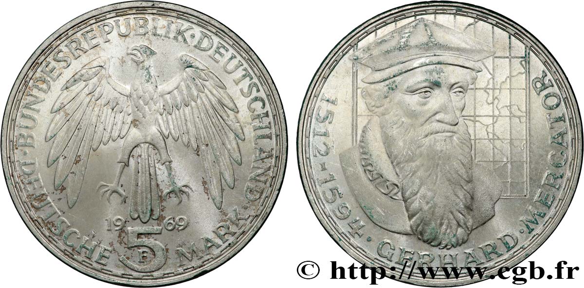 DEUTSCHLAND 5 Mark Gerhard Mercator 1969 Stuttgart VZ 