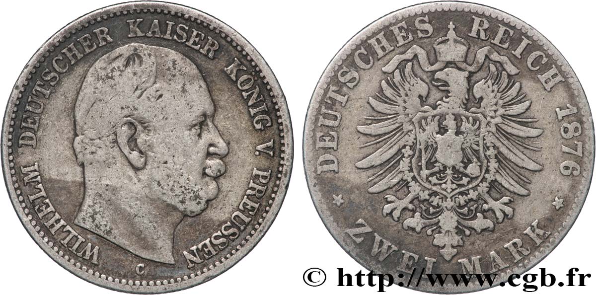 GERMANIA - PRUSSIA 2 Mark Guillaume Ier 1876 Francfort q.BB 