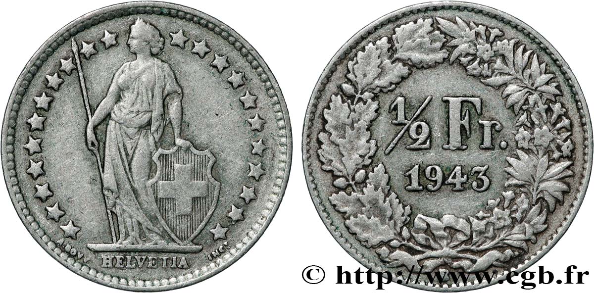 SUISSE 1/2 Franc Helvetia 1943 Berne - B TTB 