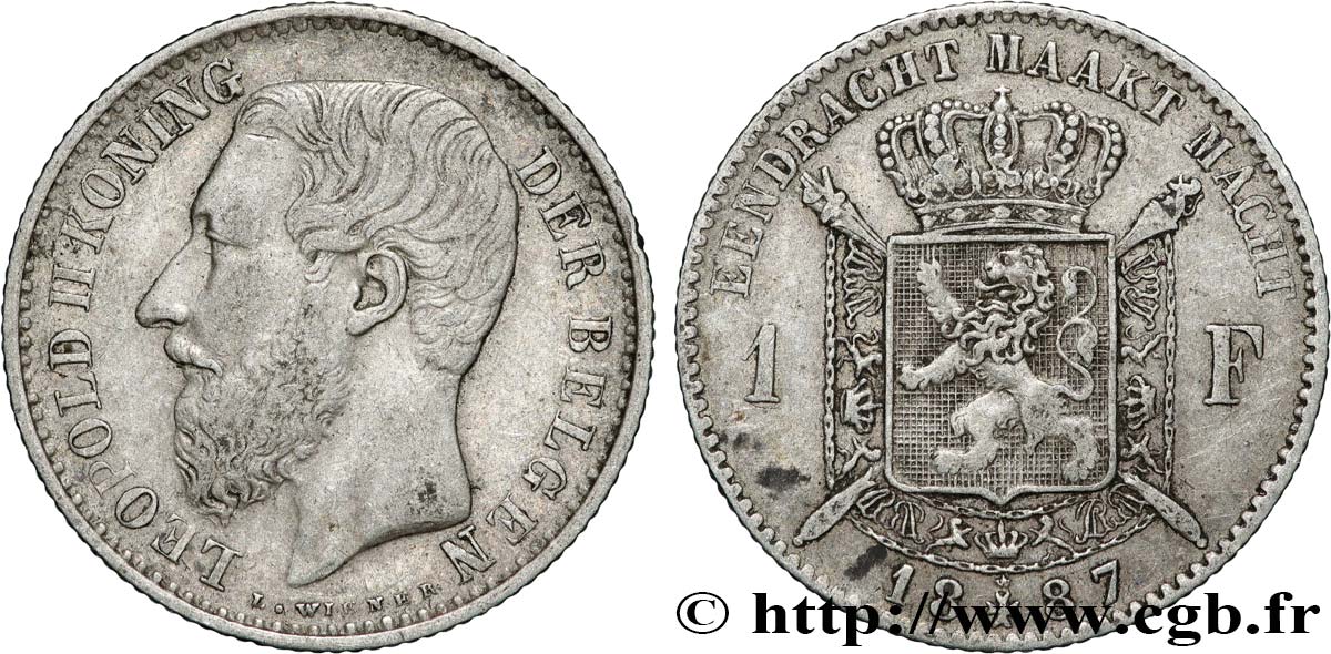 BELGIQUE 1 Franc Léopold II légende flamande signature L.WIENER 1887  TTB 