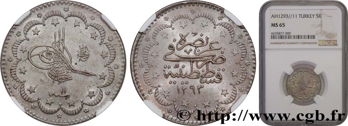 TURKEY 5 Kurush Abdul Hamid II an 11 AH 1293 1886 Constantinople MS65 NGC