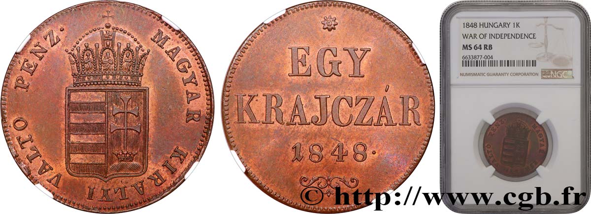 HUNGARY 1 Krajczar monnayage de la guerre d’indépendance 1848  MS64 NGC