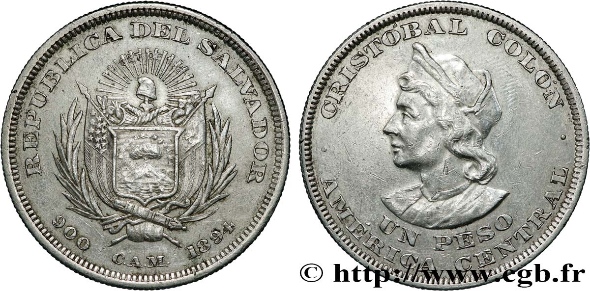 EL SALVADOR 1 Peso Christophe Colomb 1894  MBC+ 