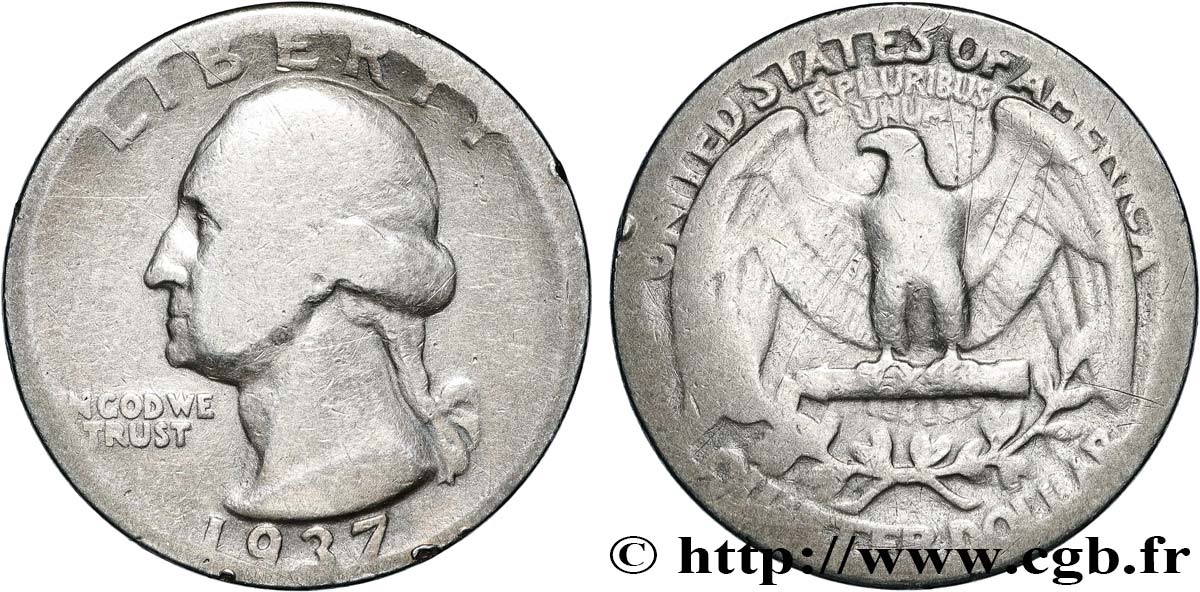 ÉTATS-UNIS D AMÉRIQUE 1/4 Dollar Georges Washington 1937 Philadelphie TB 