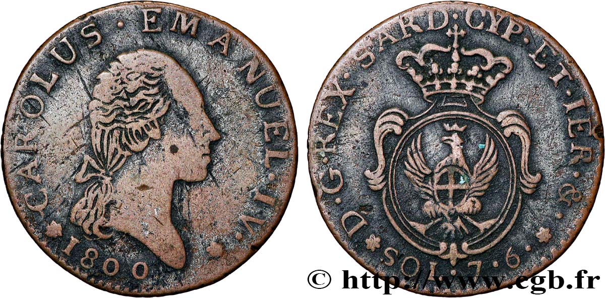 ITALIE - ROYAUME DE SARDAIGNE 7 Soldi 6 Denari Charles-Emmanuel IV 1800 Turin TB 