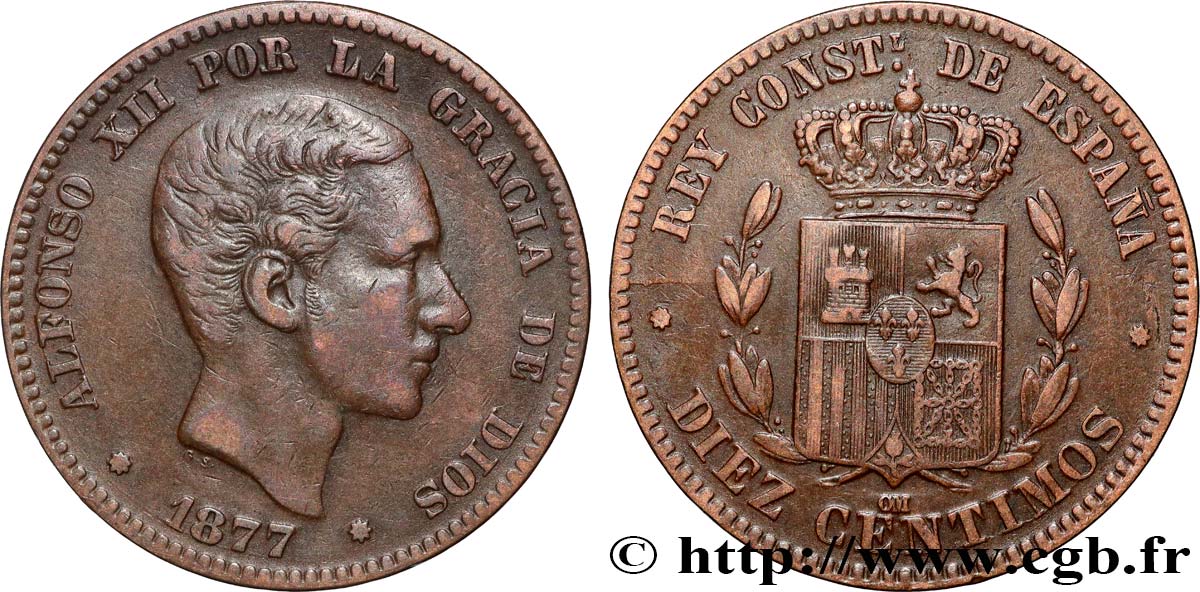 ESPAGNE 10 Centimos Alphonse XII 1877 Oeschger Mesdach & CO TTB 