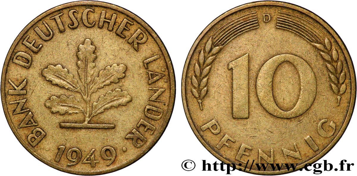 10 Pfennig Münze Bank Deutscher Länder 1949 J www.cgb.fr