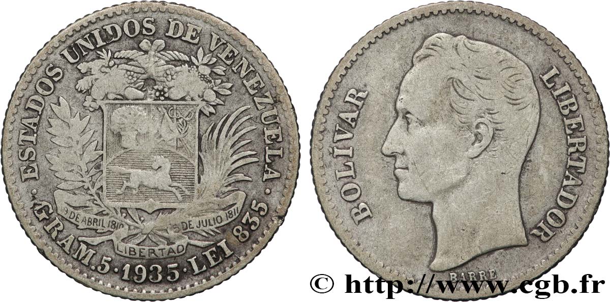VENEZUELA 1 Bolivar Simon Bolivar 1935 Philadelphie BC+ 