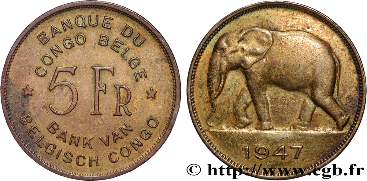 CONGO BELGE 5 Francs éléphant 1947  TTB 