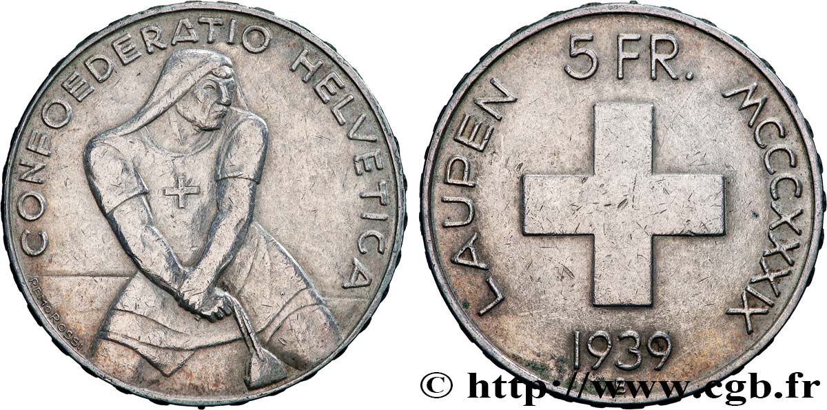 SUIZA 5 Francs 600e anniversaire de la bataille de Laupen 1939 Berne MBC 
