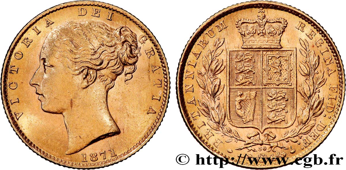 GRANDE BRETAGNE - VICTORIA 1 Souverain Victoria “tête jeune” 1871 Londres SUP 