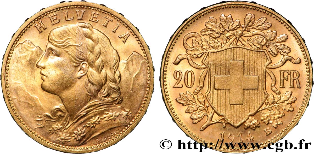 INVESTMENT GOLD 20 Francs  Vreneli   1914 Berne AU 