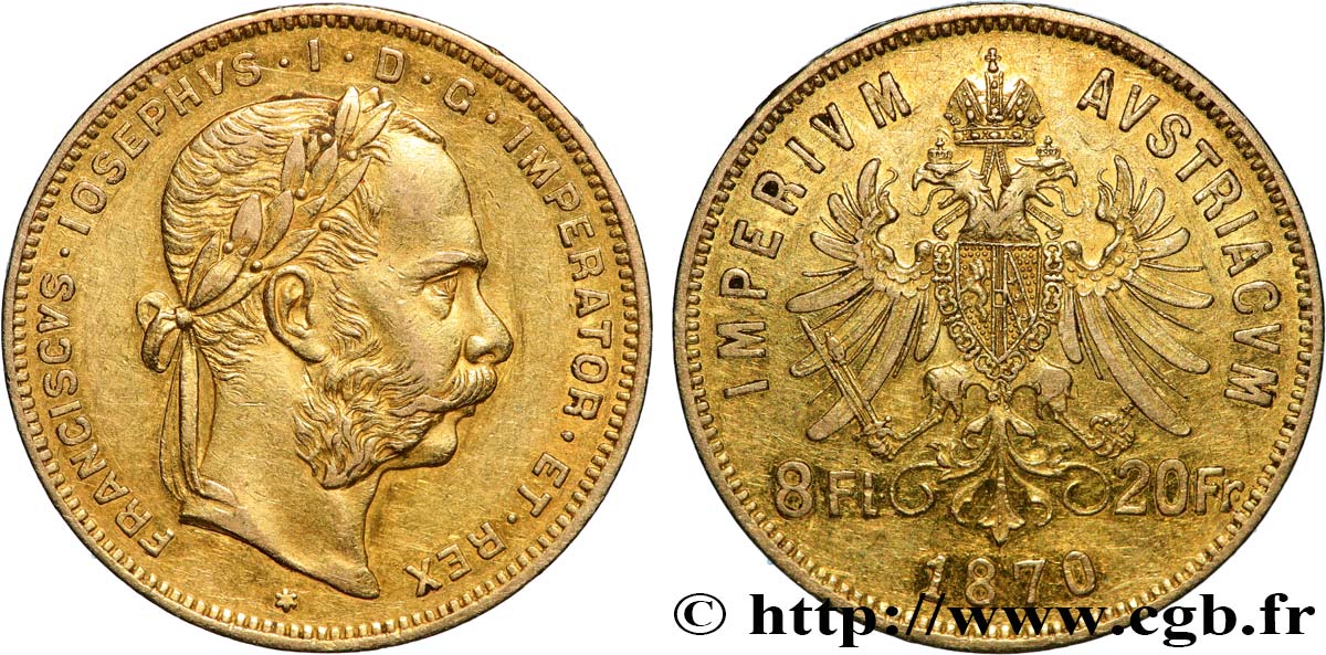INVESTMENT GOLD 8 Florins ou 20 Francs or François-Joseph Ier 1870 Vienne MBC+ 