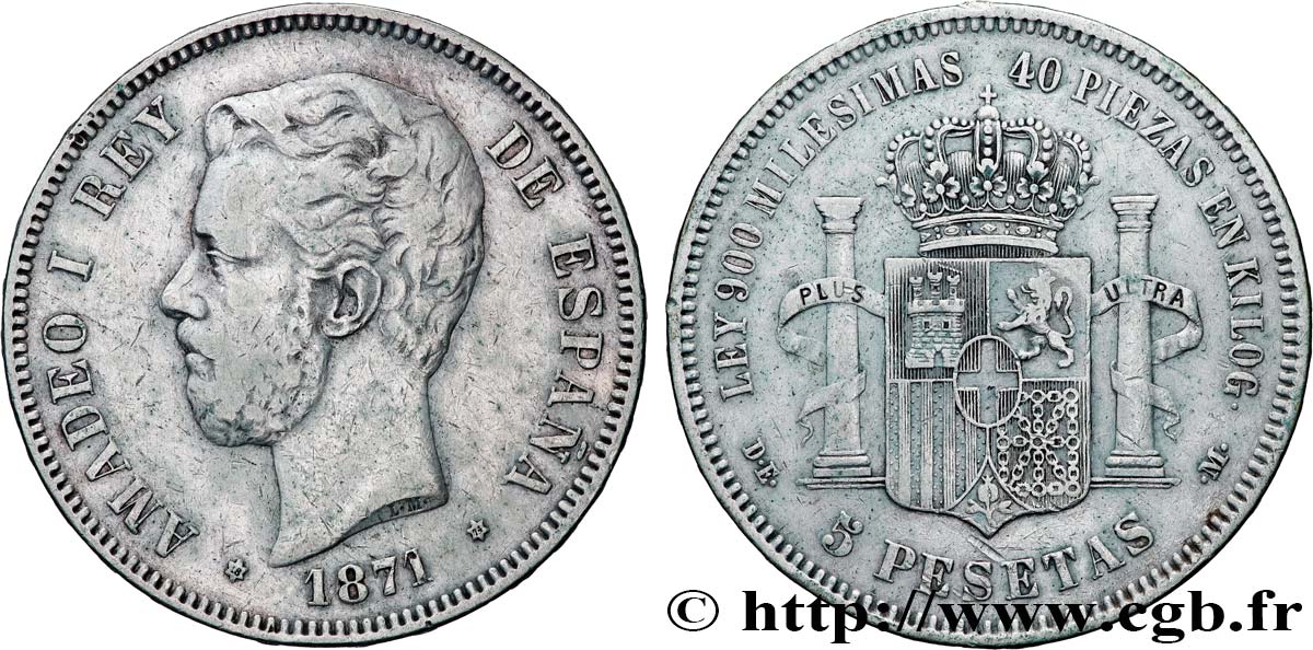 SPAIN 5 Pesetas Amédée Ier (1874) 1871 Madrid VF 