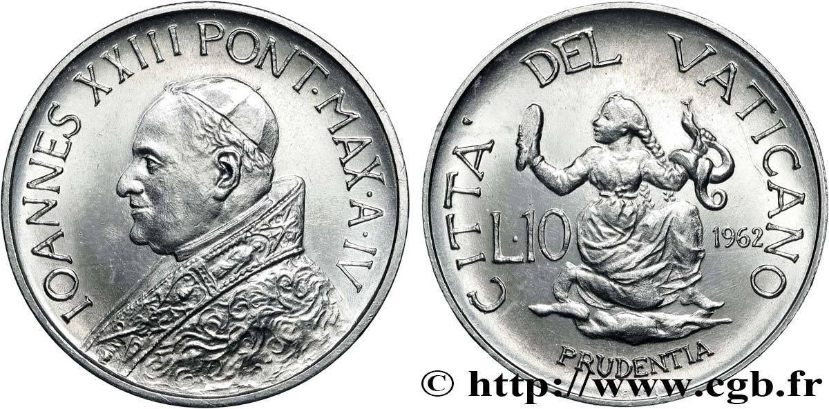 VATICAN ET ÉTATS PONTIFICAUX 10 Lire Jean XXIII an IV / la Prudence 1962 Rome SPL 