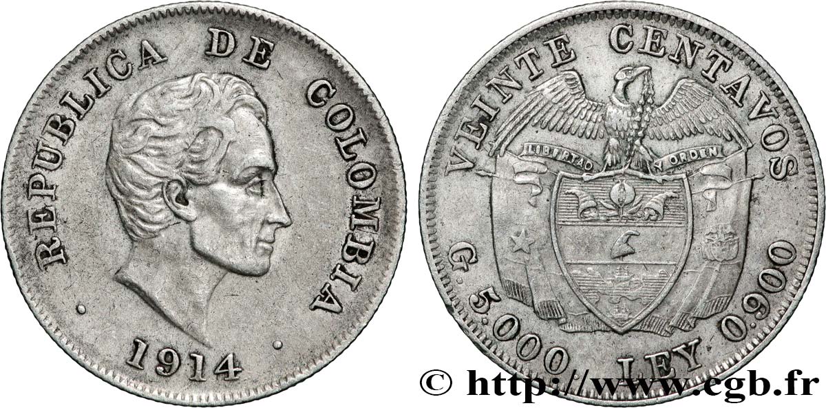 COLOMBIA 20 Centavos Simon Bolivar 1914 Birmingham XF 