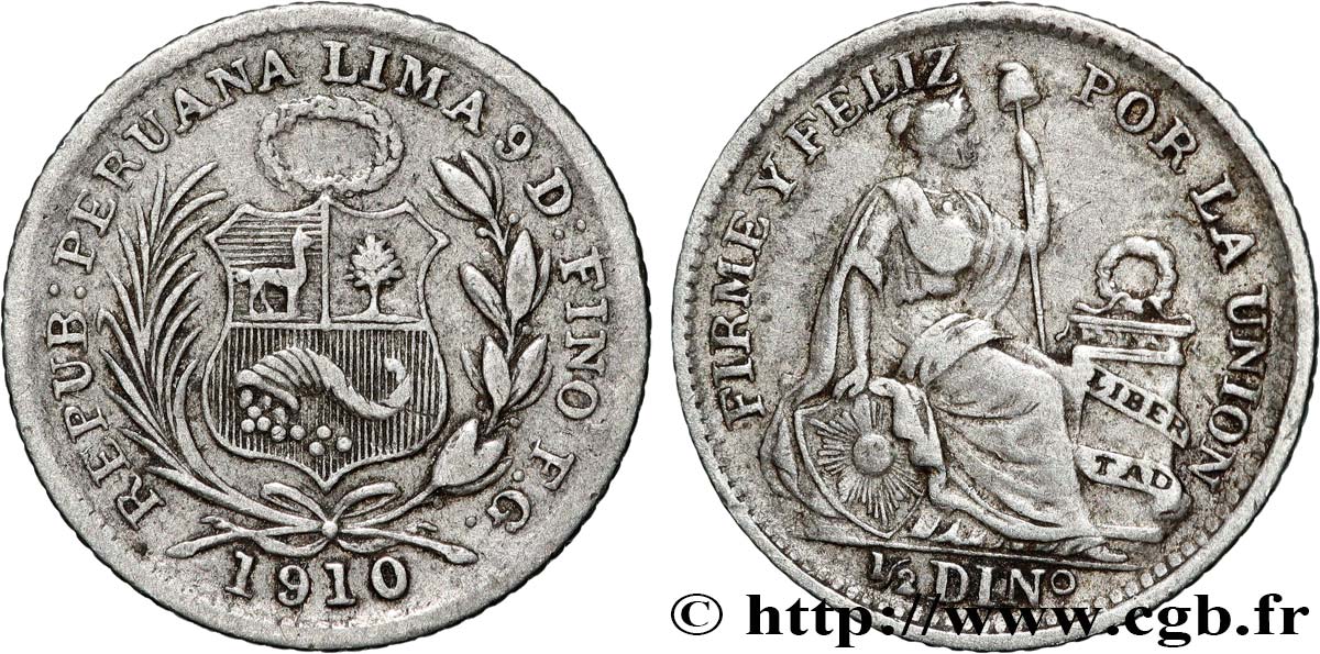PERú 1/2 Dinero “Liberté” 1910 Lima MBC 