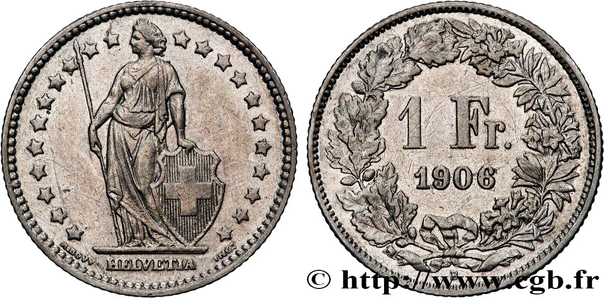 SWITZERLAND 1 Franc Helvetia 1906 Berne AU 