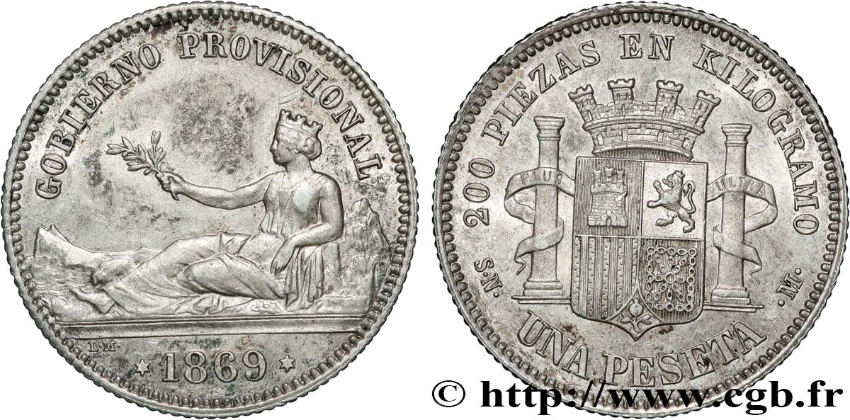 ESPAGNE 1 Peseta monnayage provisoire avec mention “Gobierno Provisional” 1869 Madrid TTB+/SUP 
