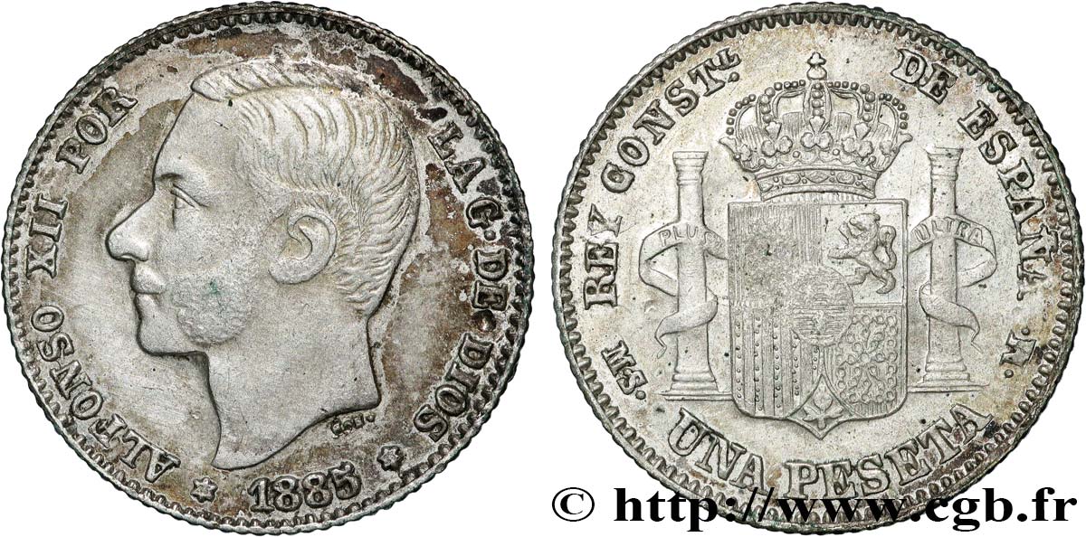 ESPAGNE 5 Pesetas Alphonse XII  1885 Madrid TTB 