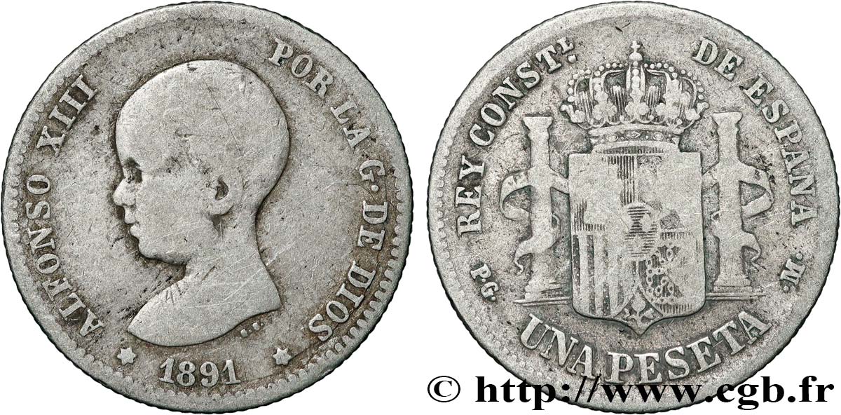 ESPAGNE 1 Peseta Alphonse XIII  1891 Madrid TB 
