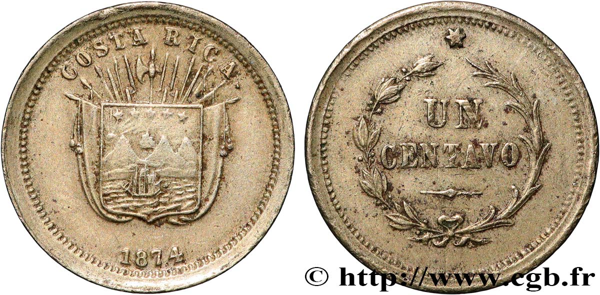COSTA RICA 1 Centavo 1874 San José XF 