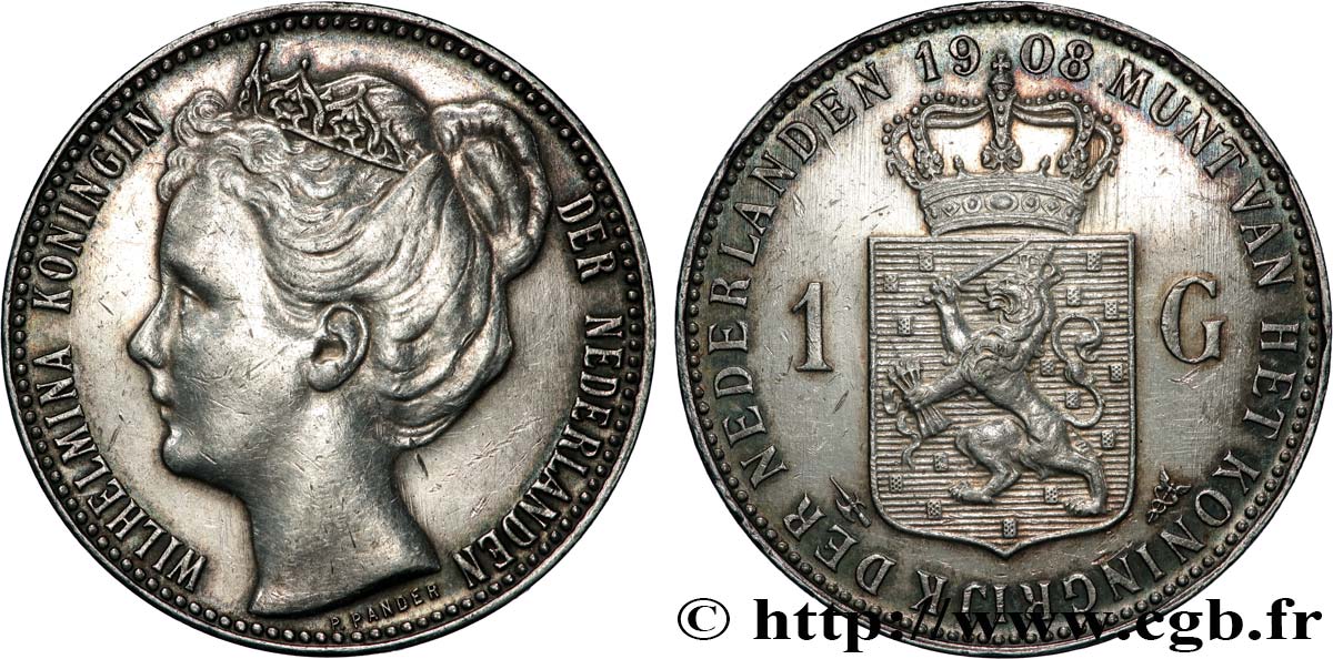 PAYS-BAS 1 Gulden Reine Wilhelmina 1908 Ucanneléetrecht TTB+ 