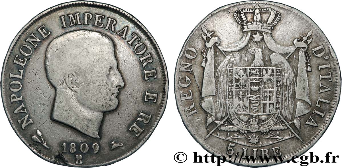 ITALIA - REINO DE ITALIA - NAPOLEóNE I 5 lire, 1er type, tranche en relief 1809 Bologne BC+ 