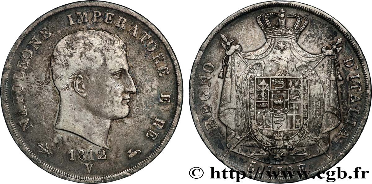 ITALY - KINGDOM OF ITALY - NAPOLEON I 5 lire, 2ème type, tranche en creux 1812 Venise VF 
