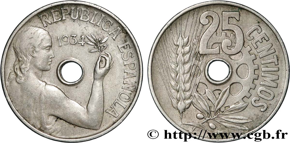 ESPAGNE 25 Centimos monnayage républicain 1934  TTB 