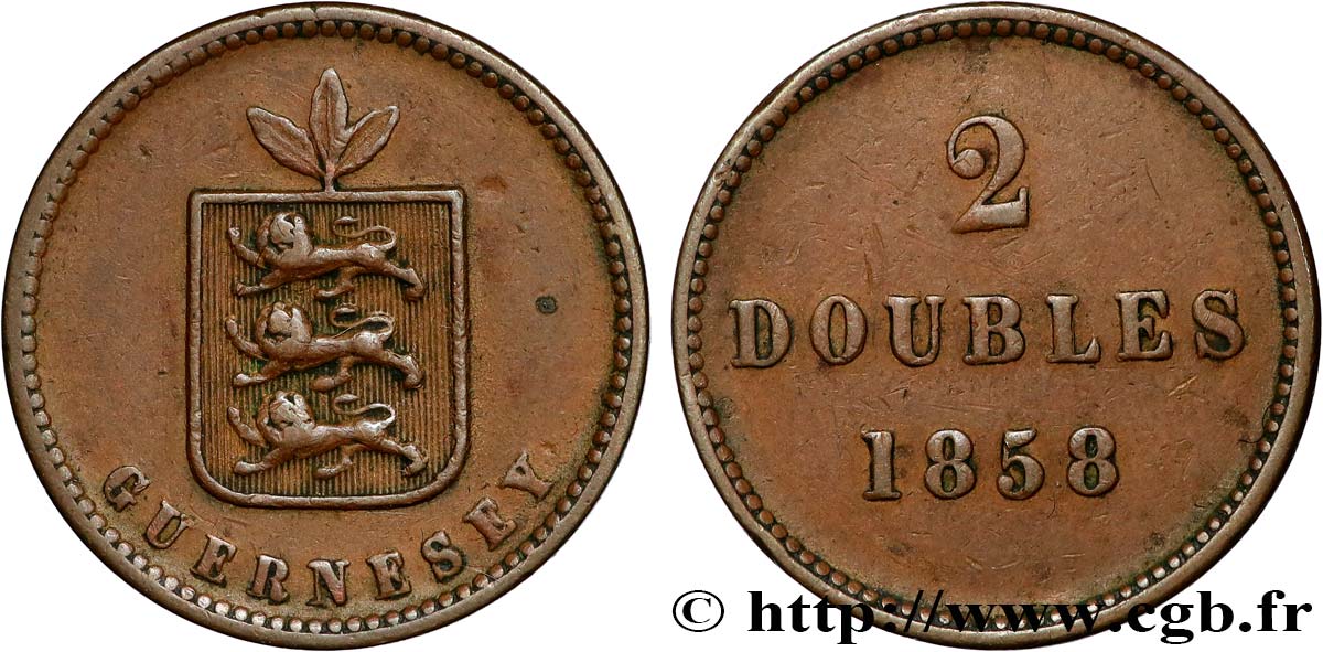 GUERNESEY 2 Doubles armes du baillage de Guernesey 1858  TTB 