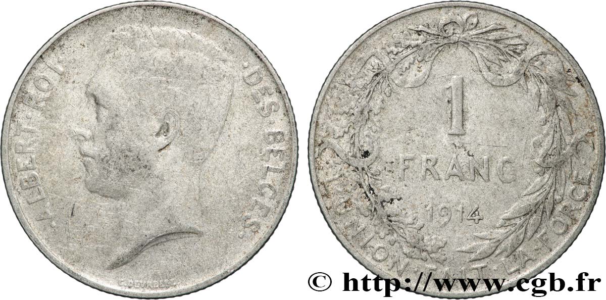 BELGIQUE 1 Franc Albert Ier légende française 1914  TB 
