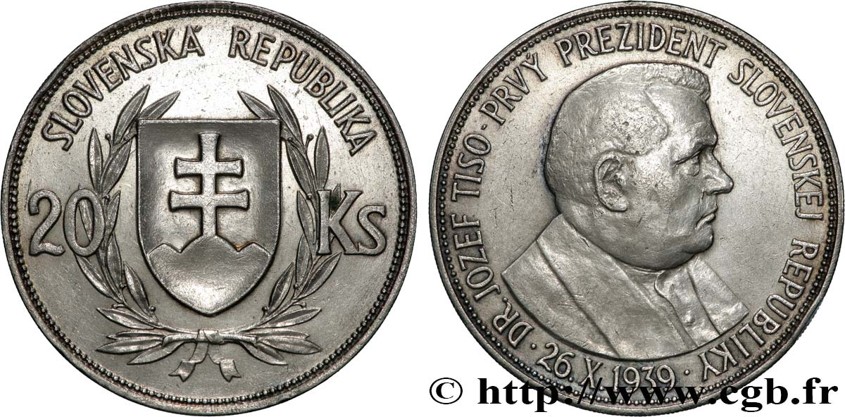 SLOVAQUIE 20 Korun Dr. Joseph Tiso 1939  TTB+ 