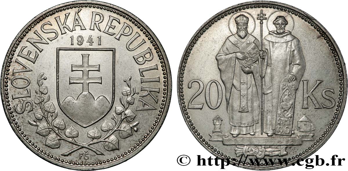 SLOVAQUIE 20 Korun St Cyril et St Méthode variété avec croix à simple barre 1941  SUP 