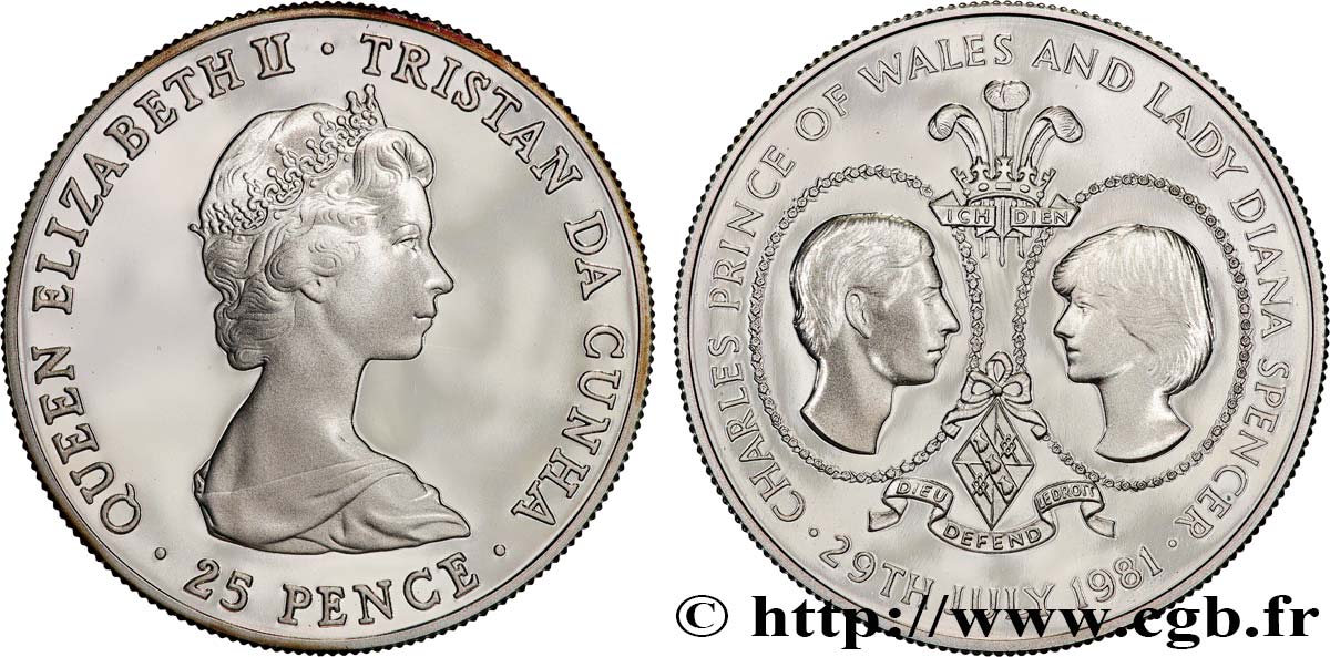 TRISTAN DA CUNHA 25 Pence Proof mariage princier : Elizabeth II / médaillons du prince Charles et de lady Diana 1981  MS 