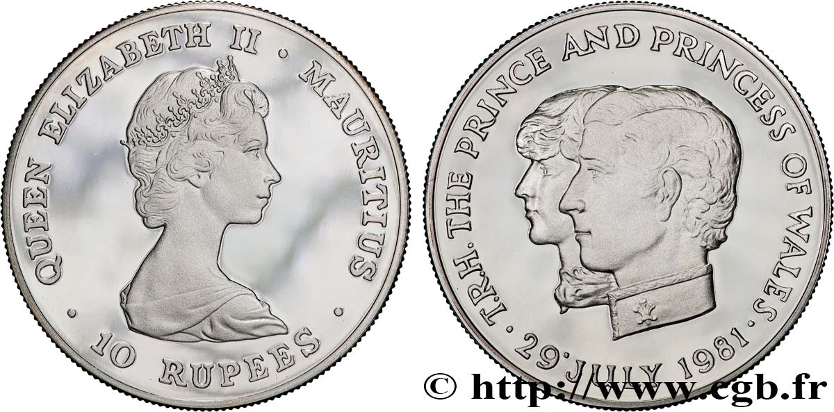 ÎLE MAURICE 10 Rupees (Roupies) Proof Mariage du prince Charles et de lady Diana 1981  SPL 