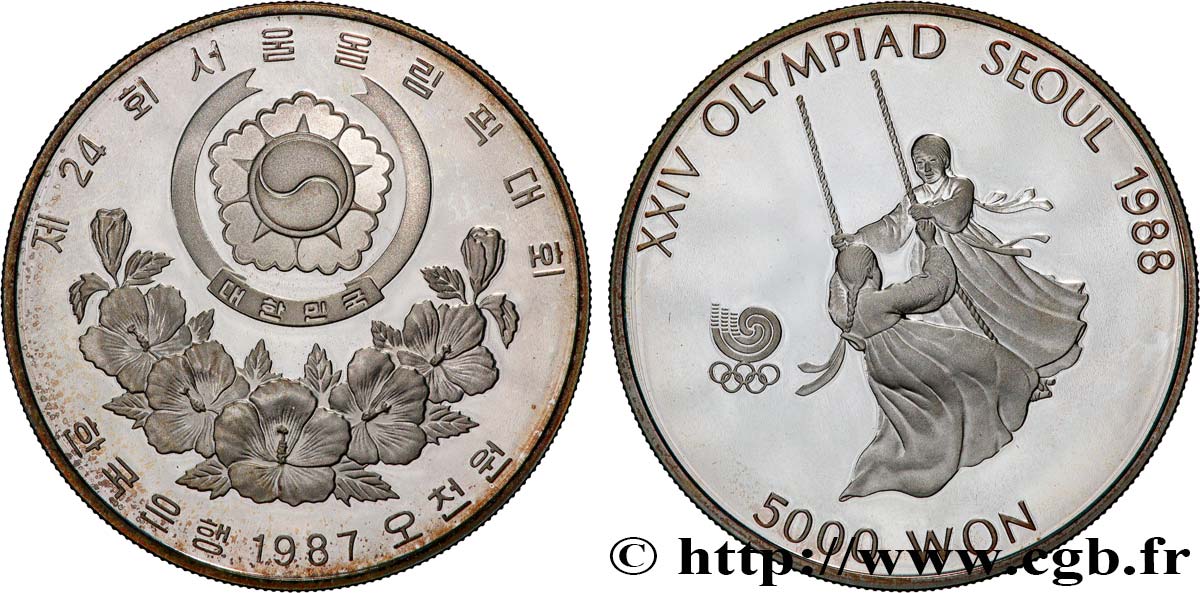 SÜKOREA 5000 Won Proof XXIV olympiade Séoul 1988 fillettes sur une balançoire 1987  fST 