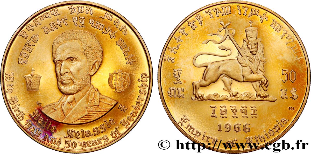 ÉTHIOPIE 50 Dollars proof 75e anniversaire et 50 ans de règne de Hailé Selassié 1966  SPL 