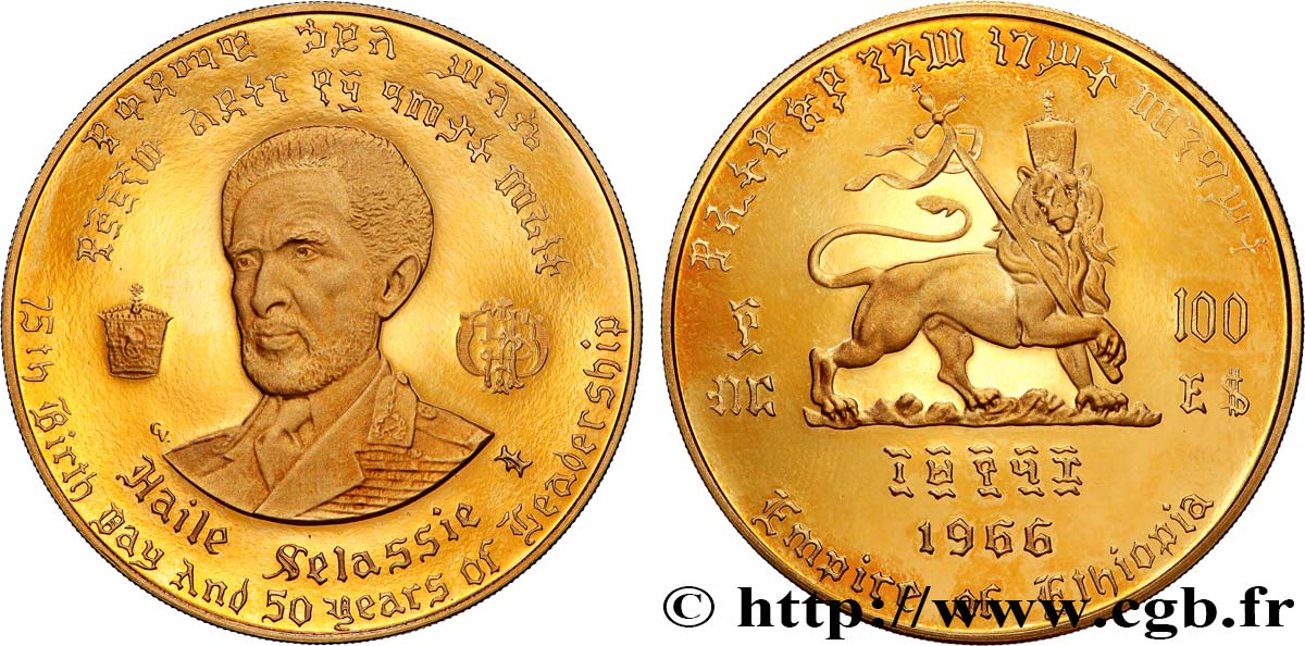 ÄTHIOPEN 100 Dollars Proof 75e anniversaire et 50 ans de règne de Hailé Selassié 1966  fST 