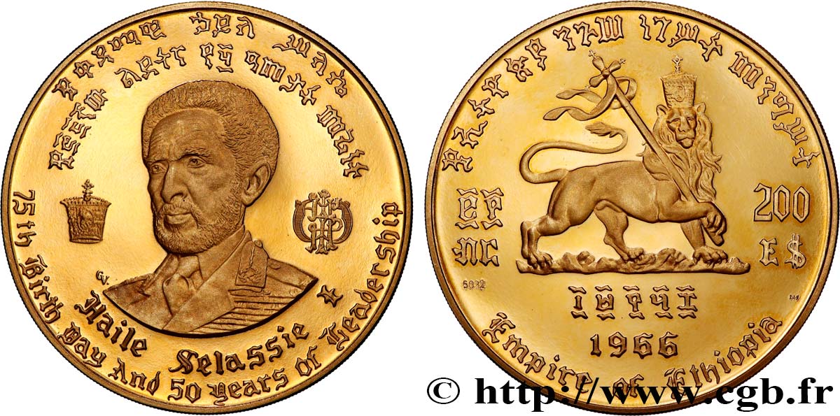ETHIOPIA 200 Dollars Proof 75e anniversaire et 50 ans de règne de Hailé Selassié 1966  MS 