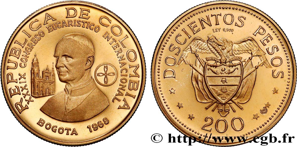 KOLUMBIEN 200 Pesos or Congrès Eucharistique International 1968 Bogota fST 