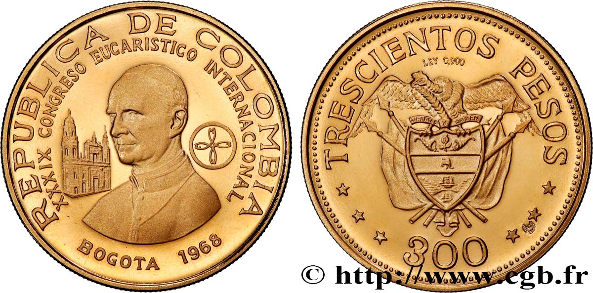 KOLUMBIEN 300 Pesos or Congrès Eucharistique International 1968 Bogota fST 