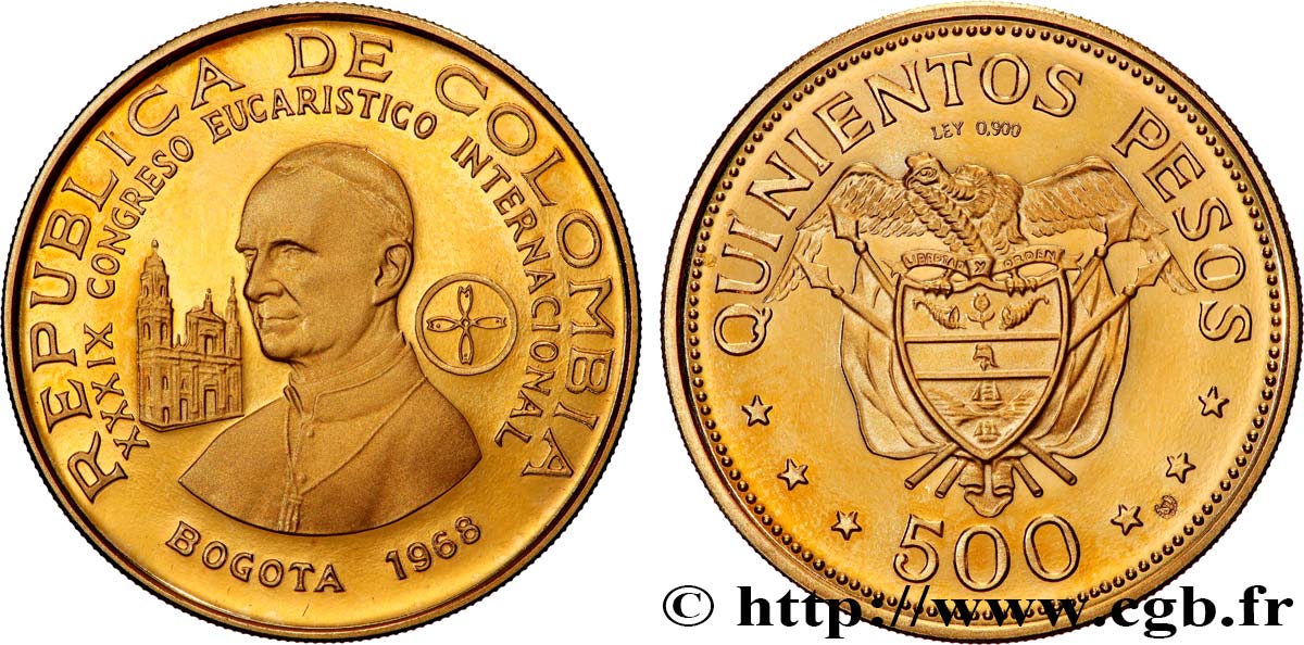 KOLUMBIEN 500 Pesos or Congrès Eucharistique International 1968 Bogota fST 